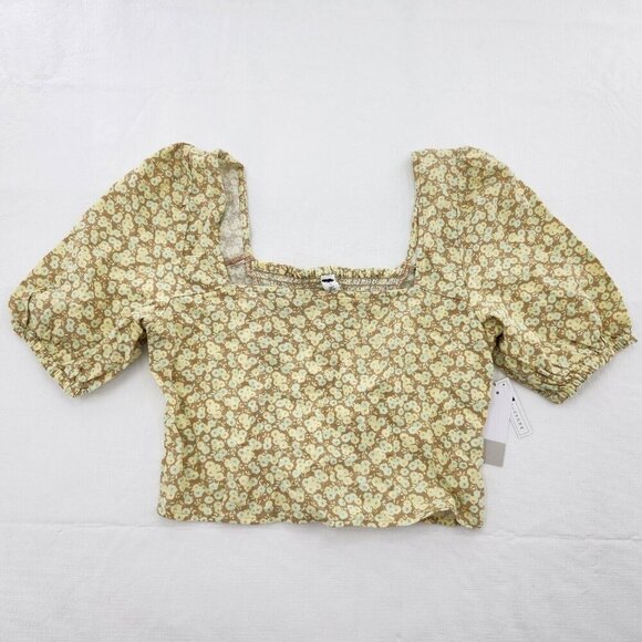 BP. Womens Size Small Linen Blend Puff Sleeve Smocked Back Crop Top - Picture 1 of 6